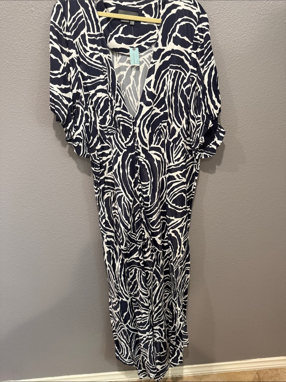 Navy & White Abstract Print satin button Dress